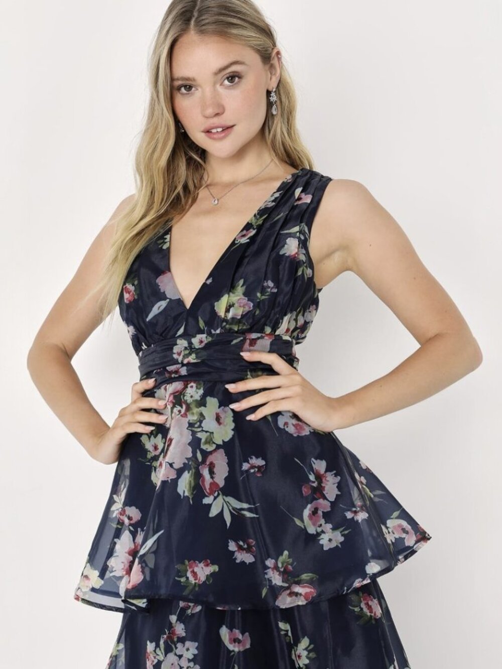 Lulus Molinetto Navy Blue Floral Organza Ruffled Tiered Maxi Dress​ NWT - Picture 2 of 8